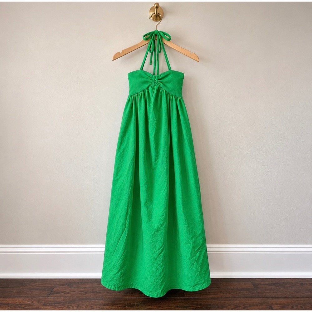 Zara Green Cotton Halter Maxi Dress Womens Small Sweetheart Neck Summer Event